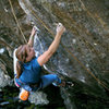 Nadya cranking hard on the moves right before the crux of Stone Monkey