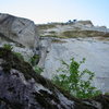 Looking up at the Sheriff's Badge from the right side of The Terrace.  The corner with the prominent flake contains the first two pitches of The Daily Planet (the first belay is just below the flake).