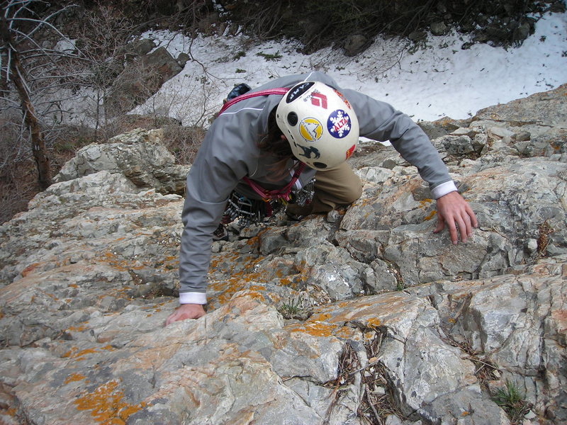 Steve down climbing the "Walk-Off"