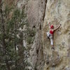 Heather D styling on unknown (as in we forgot) 10b on NE face of Smith Rock group.