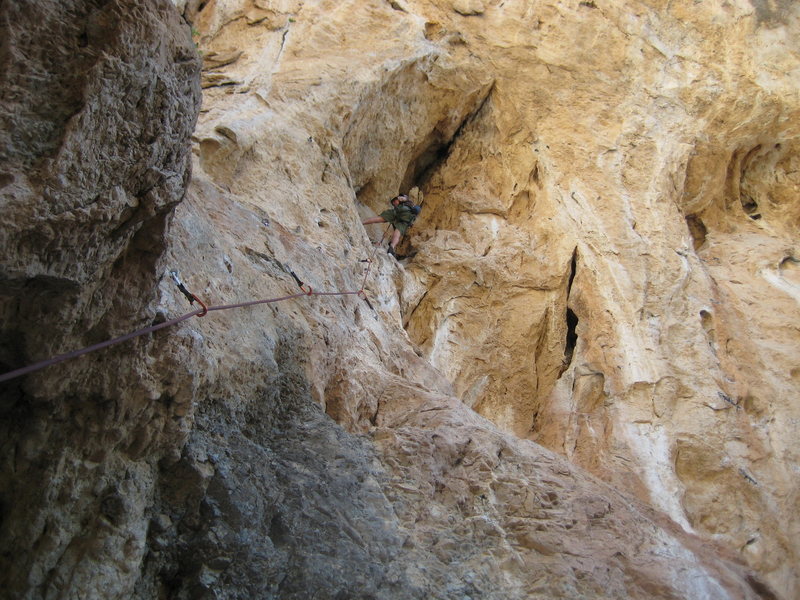 View up the line of Pagan Rituals (5.10b)