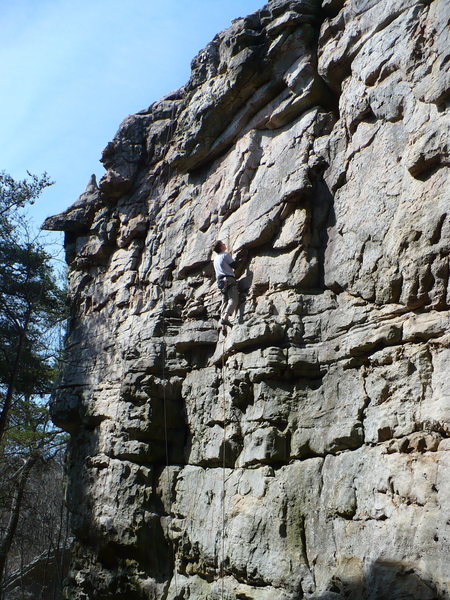 Mike on Rabies...Pump Handles climbs groove/right facing flake to the right, Sandrock, AL.