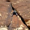 The varnished corner on pitch 2 of the Rainbow Buttress.