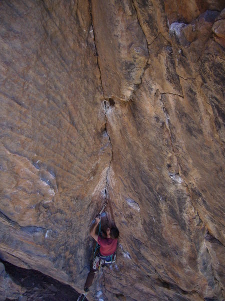 The wild overhanging dihedral of the second pitch of Scary Canary.  Crux ends at the jug on upper right.