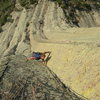 More stems above the roof on the crux pitch. The rock, the position, and the colors are amazing up there.<br>
That's Cooper and Dubois with their rope on Bloodguard, to the right