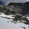 Coming down the descent from the Spearhead-Chiefshead col on 30-degree slopes in "early" season (June 2008).  The col is on the far left.  For easiest descent be sure to follow the ridge all the way to the col before descending north.