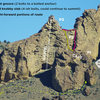 Route-finding for Dummies. Myself, sometimes being route-finding challenged when I'm at a new rock, I threw this map together after I spent an afternoon here to help others. Granted, you miss out on some of the adventure if you take too close a look at this, but hey, here it is if you want a hand. Thought it would be helpful to point out the two options for the second pitch.