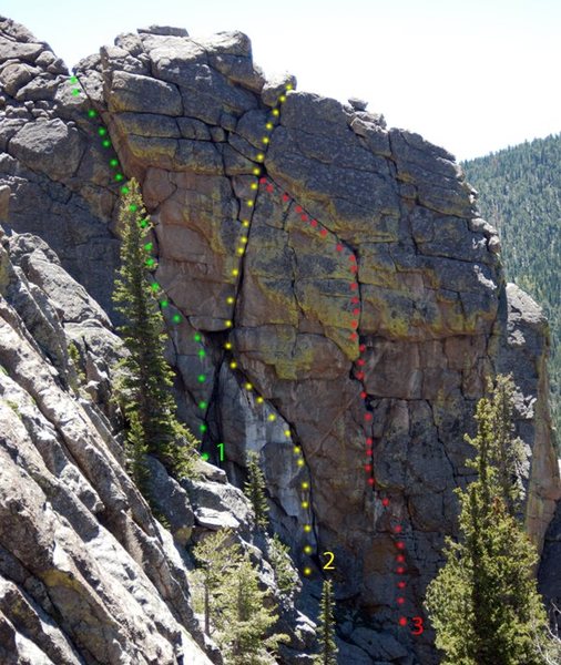 West face of First Buttress on Thorodin. 1 - 5.9. 2 - 5.10a/b. 3 - 5.10c.