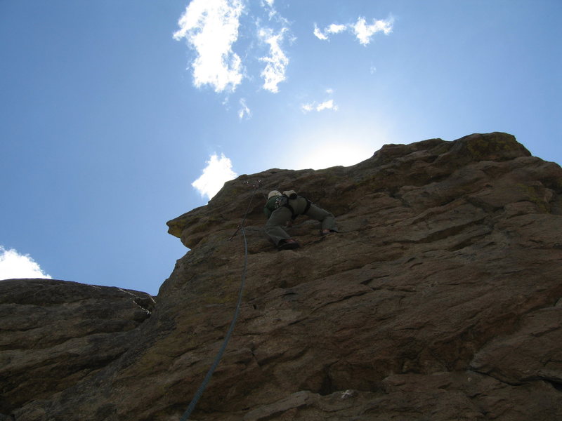 MaryKay on the Unknown Route to the Left of Rip Off Ranger. This climb is basically the highest on the rock, and on that account, it's one of the best. Decently bolted, nice moves, and more climbing.