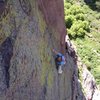 Looking down on the crux runout.