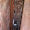 Looking down the initial chimney from the ledge near the lip of the first overhang.