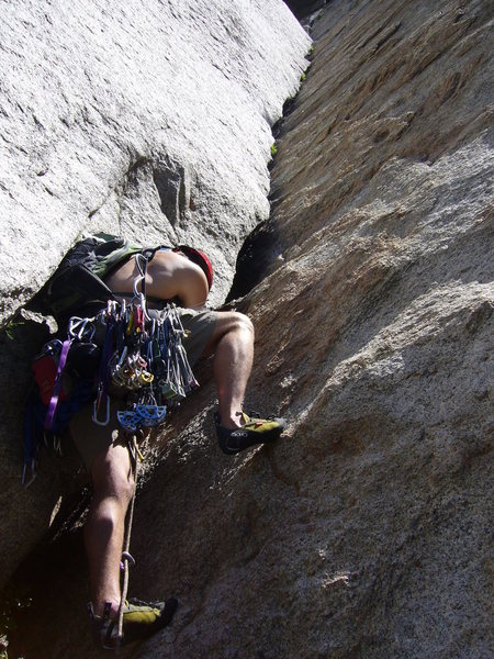 Me starting the lead on pitch 3.  Beautiful and consistent granite.  The best pitch on the route IMO.