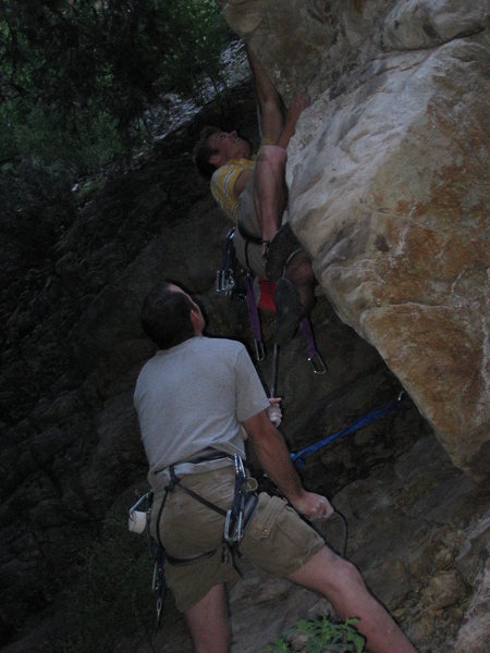 Me using the finger lock to get up to the crimper ledge.  Ouch!