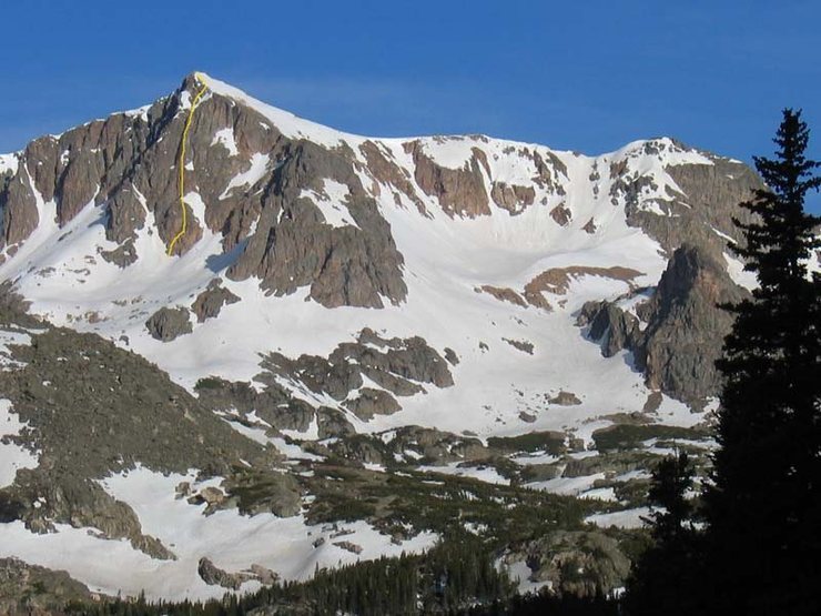 Mt. Neva's east face in early June 2004. There was about the same amount of snow in late June 2008. The face is about 600 vertical feet. We climbed four longish pitches to the snow below the summit.  