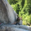 Tony about to start the top crux of Rutabega.