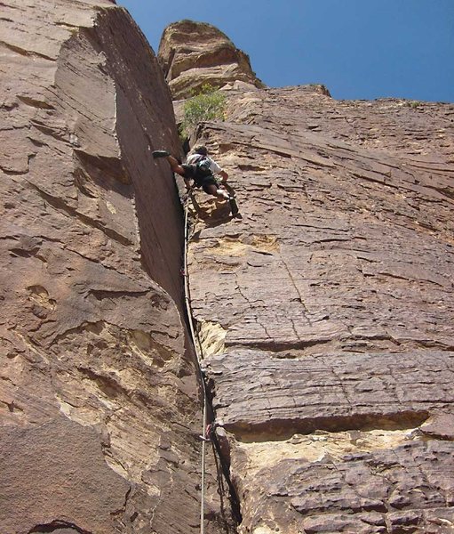 The crux section of the first pitch.