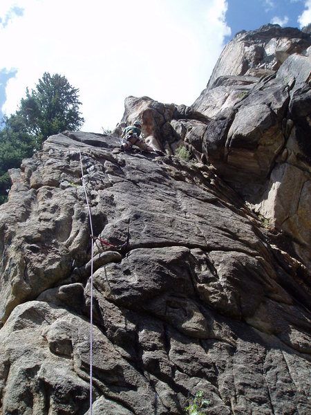 Lower Plaque Nose: Luke moving right to the gully about half way up the pitch.