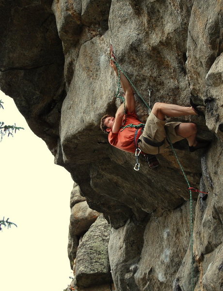 James making the reachy clip before the crux.