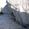 Hoskins working past the roof - P1: EllsWorth McQuarry Route<br>
