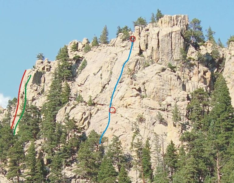 L - R: The Luminosity (red), Tower of Power (green), Contact (blue) with belay stations in red circles.