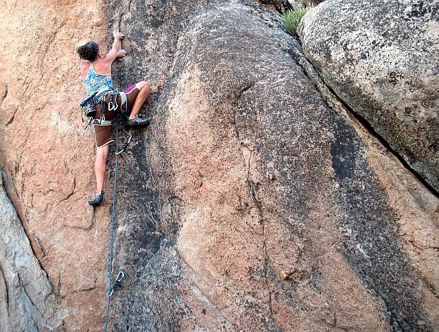 Susan trying to gain another Silly Millimeter (5.10b), Holcomb Valley Pinnacles