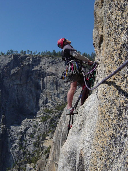 This is the beginning of pitch #2, leaving Salathe Ledge, and launching into the crux. A hook here is not vital, but sure makes you feel better given the exposure.