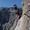 This is the beginning of pitch #2, leaving Salathe Ledge, and launching into the crux. A hook here is not vital, but sure makes you feel better given the exposure.