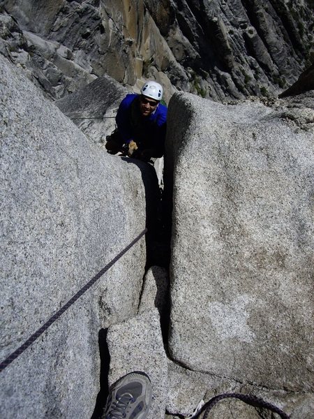 Jugging up to Salathe Ledge trailing the rap line for setting up the tyrolean traverse.