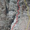 This is the same picture Justin submitted.  (I hope you don't mind that I borrowed it).  The yellow line shows the approximate line that we climbed, as I described in my comments on the route.  We definitely felt that we were on route the whole way (although I climbed this many years ago, so the yellow line is approximate).  Hopefully this might clarify.  Henry, any comments?