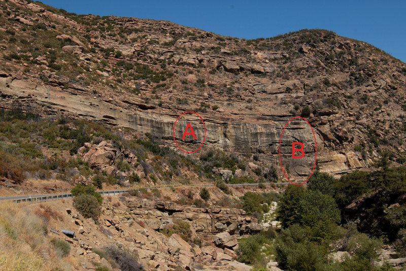 Photo of Roadside Crag, on Hwy-33 above Ojai.  The photo depicts areas where bolts are located.  Area "A" is home to a top anchor consisting of what appear to be shiny new Fixe Supershuts.  Area "B" is home to what appears to be an 80s-era lead bolt with SMC hanger.