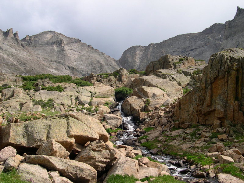 Entering Glacier Gorge with Pagoda in the forefront and The Spearhead just in view on the right.