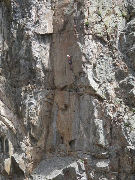 Bob R. at the first pitch crux of Eternal Sunshine.  EOA is in the big dihedral to his left.