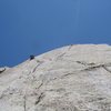 Jonny climbing the 5.8 variation to South Buttress. Photo by Gigette