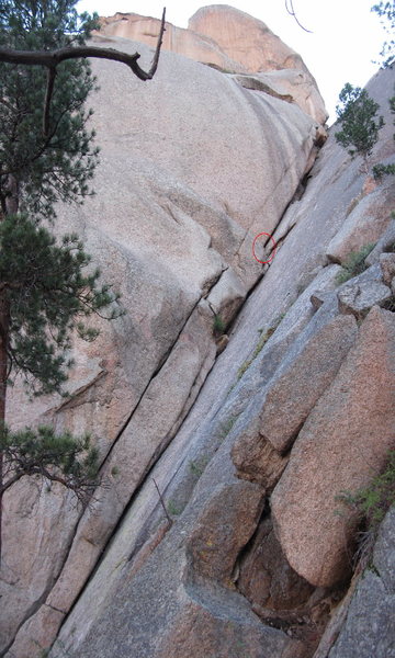 Pitch one and 2 are visible the belay for pitch 1 is marked to help with confusion.  We belayed just above what should be the crux of P2. Oops.