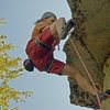 Moving passed the crux of The Gathering (5.11b) on the first ascent.