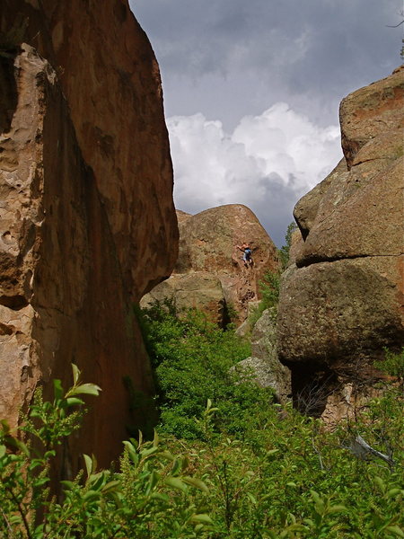 Climber on How The West Was Won as viewed from the main canyon.