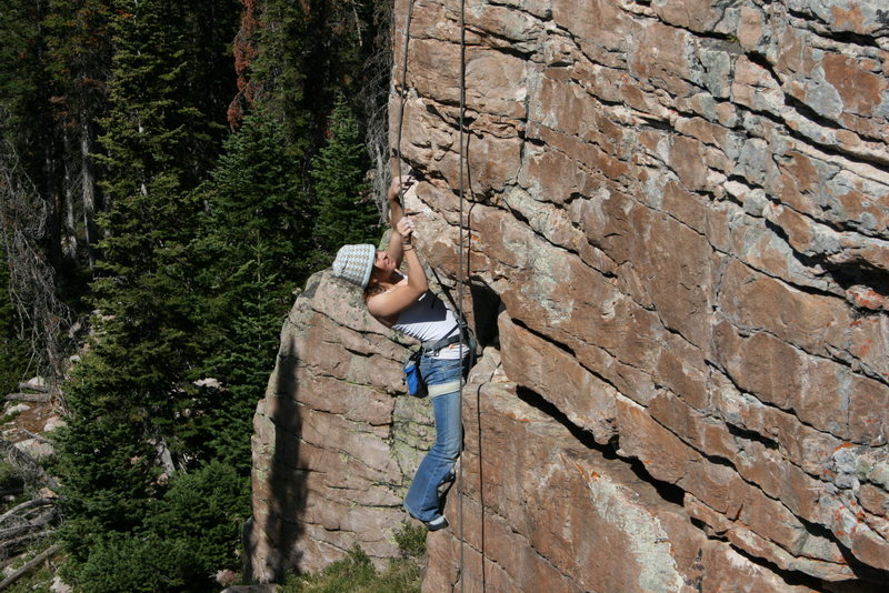 Jenn pulling the small roof on the route.  