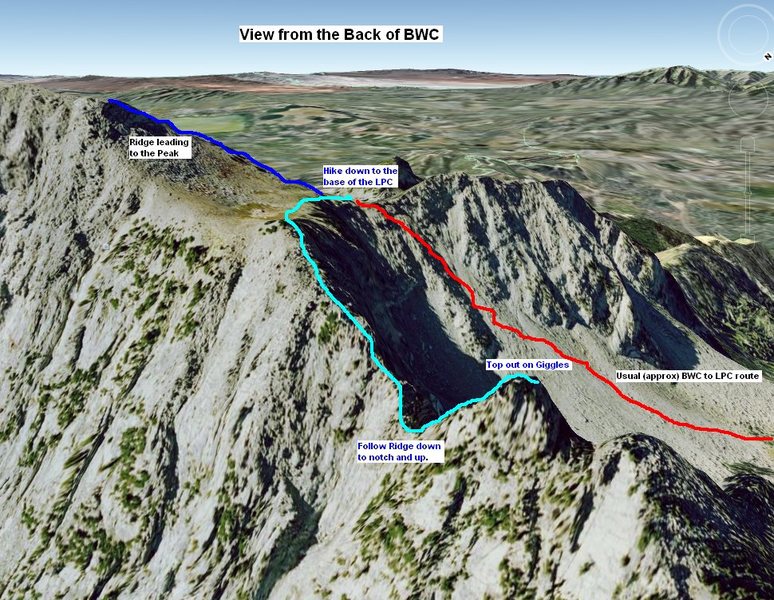 Google Earth of back side of Big Willow Cirque - Route ideas to Lone Peak Cirque