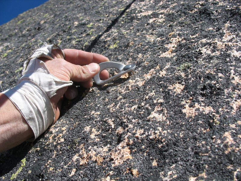 An underdrilled buttonhead partway up the Beckey bolt ladder.