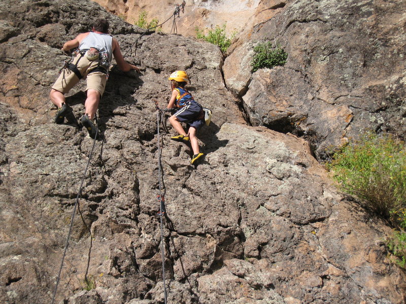 Cody (age 5) on his 2nd time leading. I ascended a fixed line next to him to make sure he was doing everything right. Aug 30, 2008.