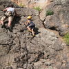 Cody (age 5) on his 2nd time leading. I ascended a fixed line next to him to make sure he was doing everything right. Aug 30, 2008.