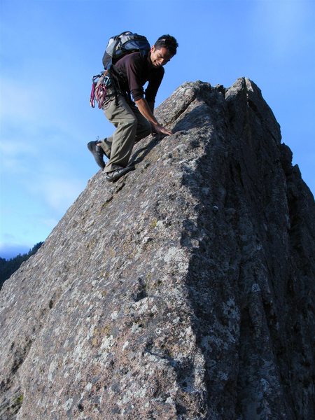 Greg on the down climb from Like Heaven.