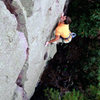 Devils Lake. Wooger's Woof. Isaac Therneau about to make the second crux. September, 2008.