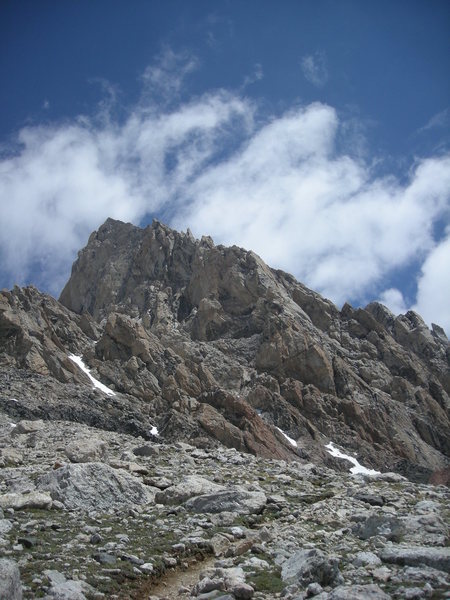 View of the entire Exum Ridge from the lower saddle 