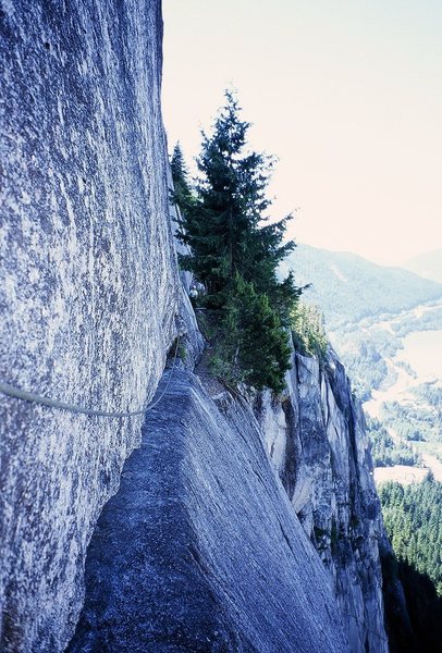 Not a great shot, but you can see what the traverse is like in this shot, taken at perhaps 11am, befor the sun hit.  Peter Spindloe is at the end of this traverse. Photo by Tony Bubb 7/08.