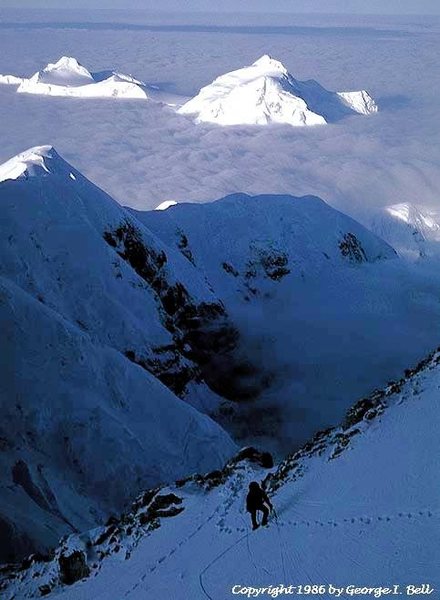 The two summits of Hunter from 16,500' on Denali's South Buttress.