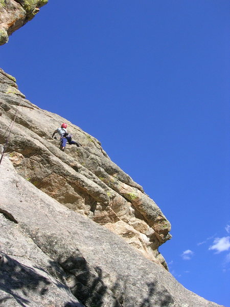 Deb on the unknown 5.9 mini-dihedral route across the valley.