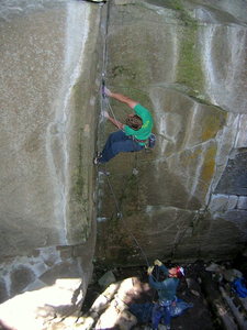 Matt starting up the splitter fingers in the corner.  Dave being super safe (i.e. helmet) on the belay.