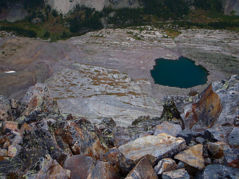 Looking down Wham Ridge from the top of the face. Vestal Lake is on the right. Vestal Creek in the Lower Meadow is visible far below.