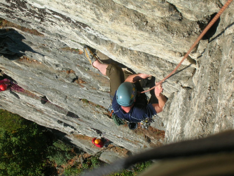 Kyle getting over the first crux of Shockley's Ceiling @ the gunks.